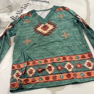 Green Geometric Aztec Long Sleeve Top